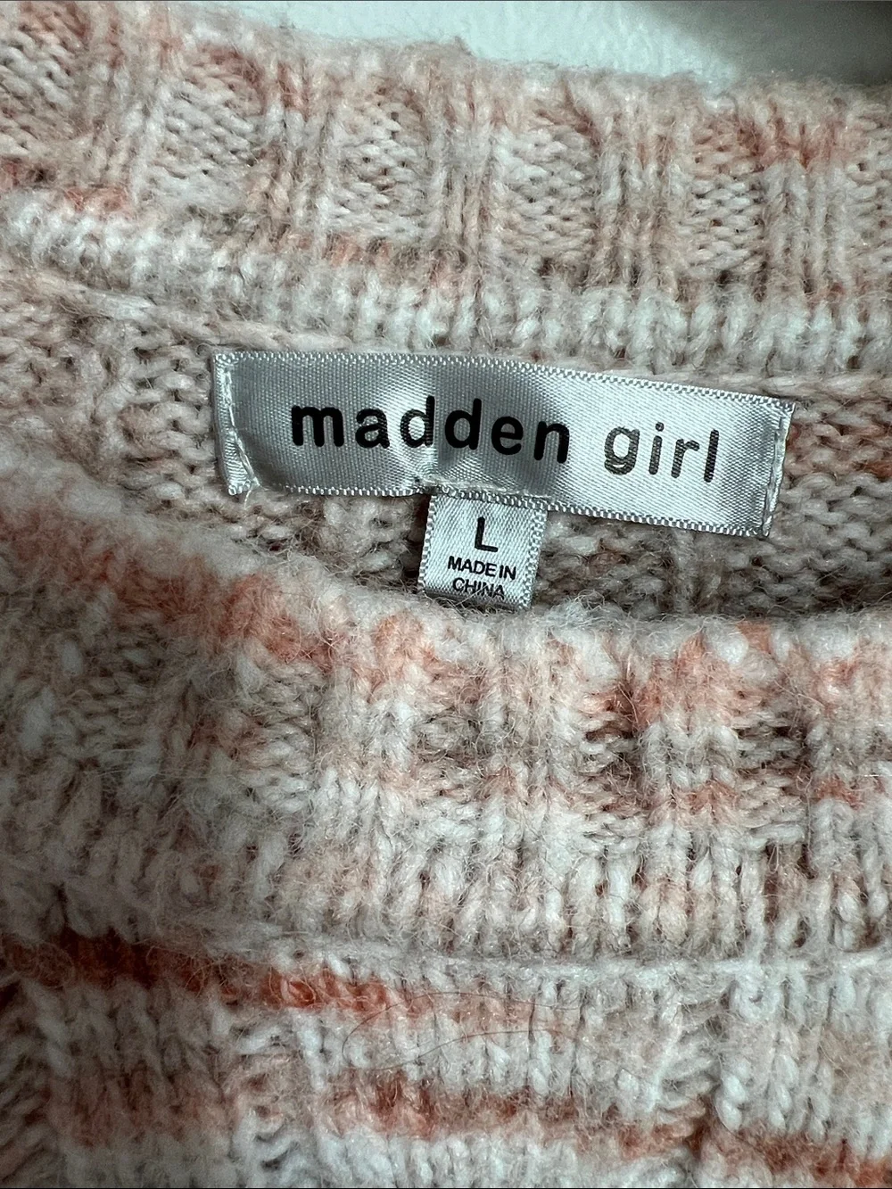 Madden Girl | Pink Brown Coral Cream Cropped Cable-Knit Sweater Size L